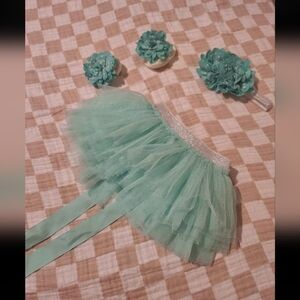 Mint Green Newborn Tutu Skirt with Silver Waistband And Headband